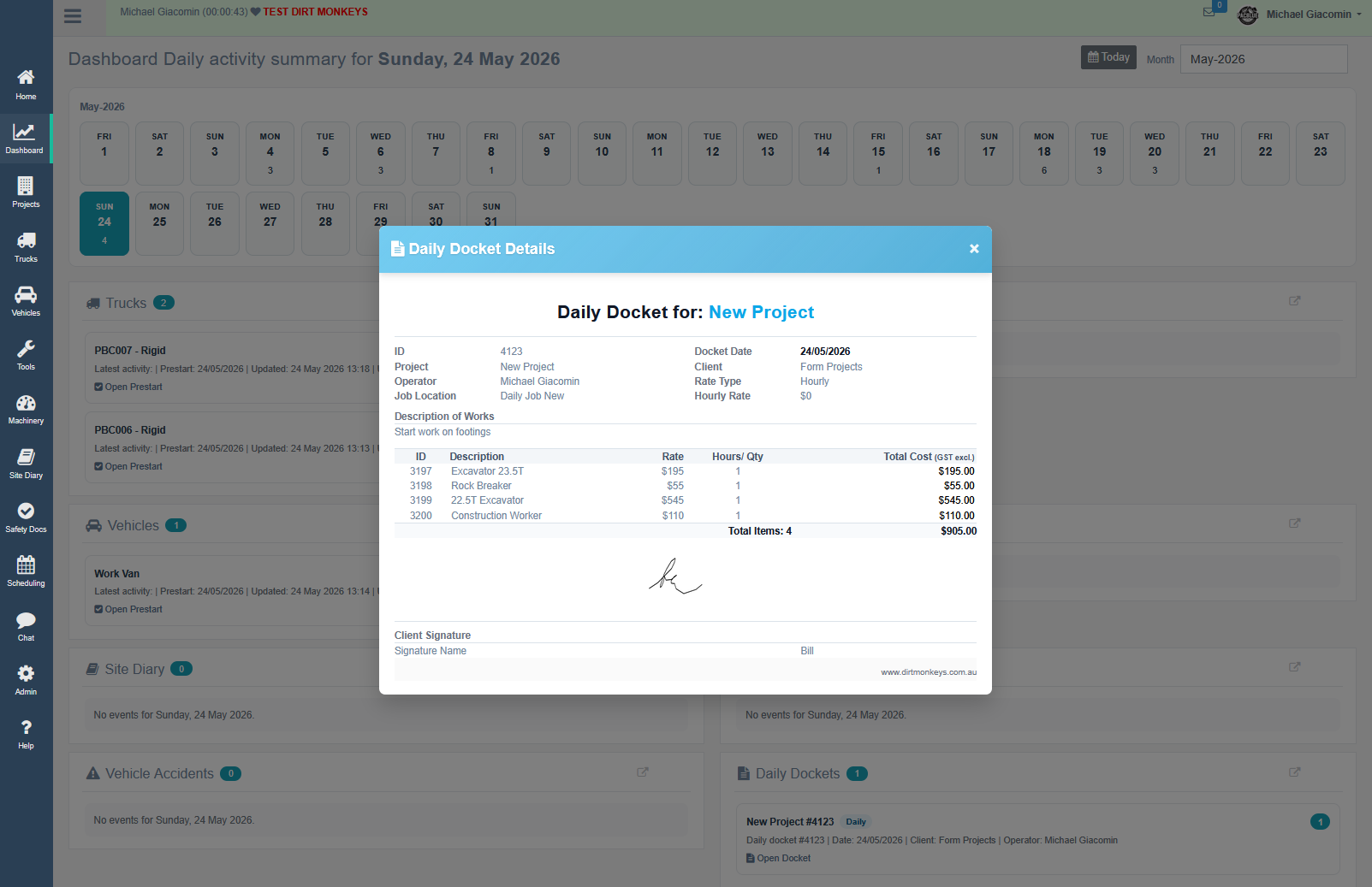 Dirt Champ dashboard showing daily docket details for earthmoving businesses